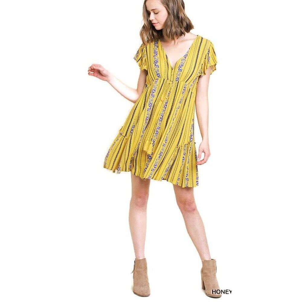Umgee Womens V Neck Flutter Short Sleeve Bohemian Dress L5329 -- Honey NEW